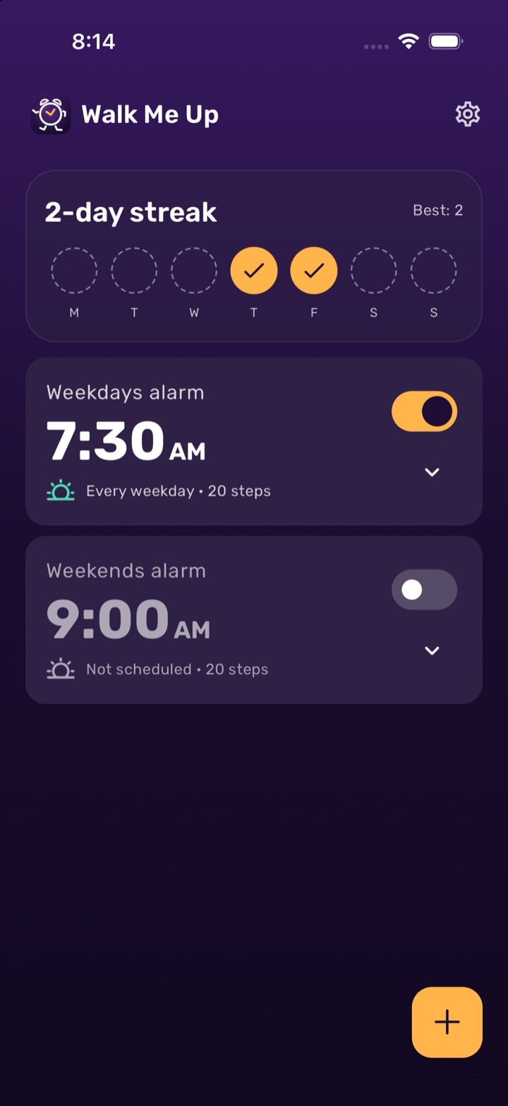 Alarm list with a 2-day streak tracker at the top