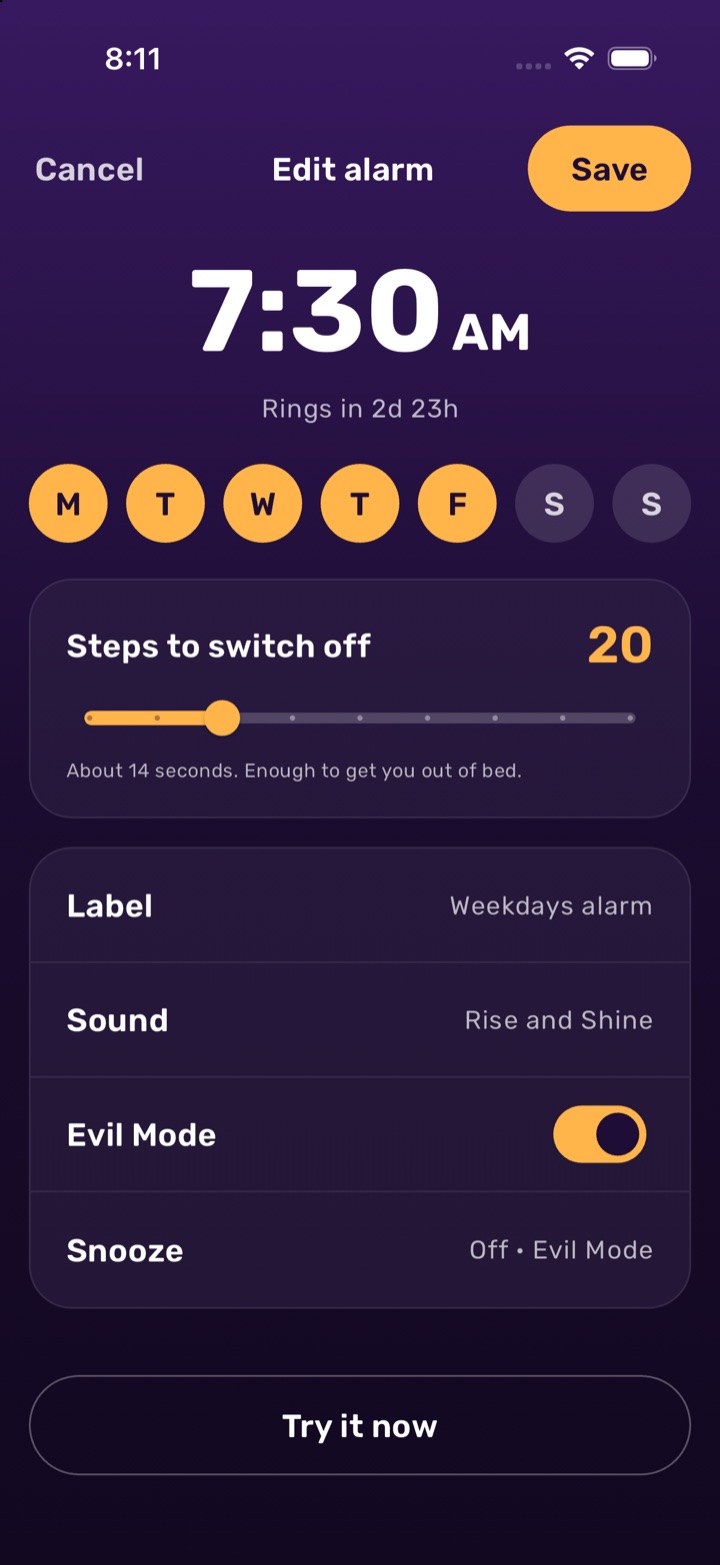 Editing a 7:30 AM weekday alarm set to 20 steps