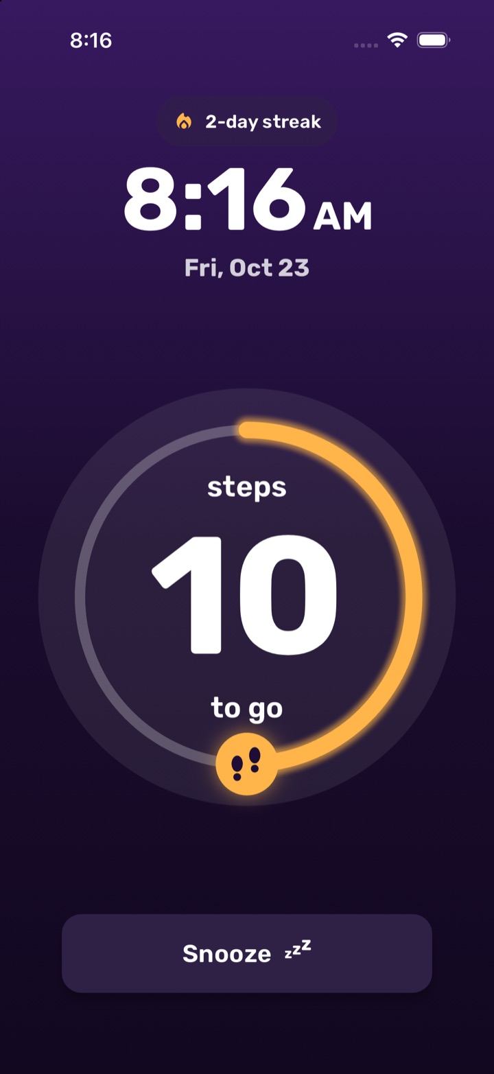 A ringing alarm at 8:16 AM with a ring showing 10 steps to go